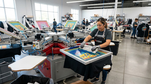Screen printing wing with precision screens and a technician at the printing table