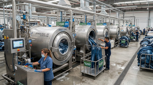 Industrial garment washing drums with wash sampling boards