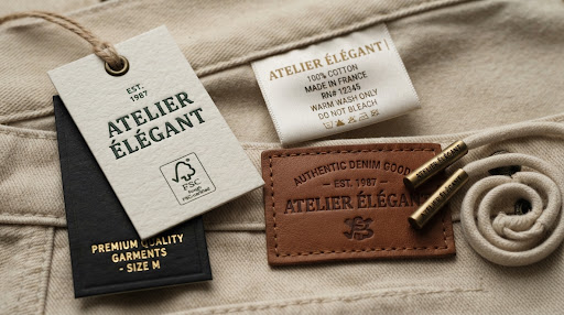 Trims and packaging samples with hang tags, labels and branded hardware