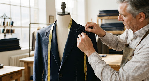 Editorial close up photograph of a master tailor adjusting a luxurious bespoke midnight navy wool blazer on a tailored dressform mannequin in an airy, sun-drenched atelier.